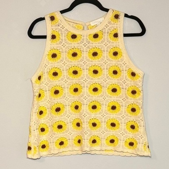 Rebellion Again Tops - Rebellion Again Sunflower Crochet Granny Square Tank Top Cream Yellow Medium